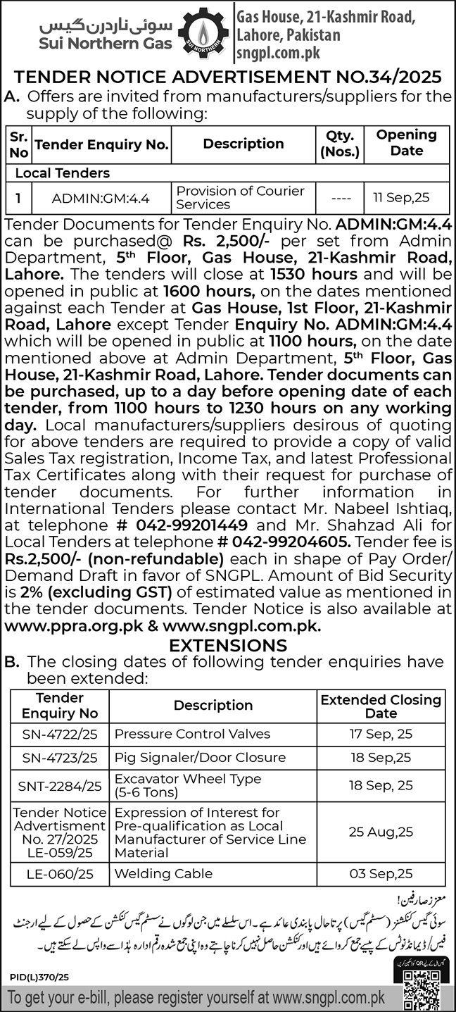 Sui Northern Gas Company Limited Lahore Tender Notice
